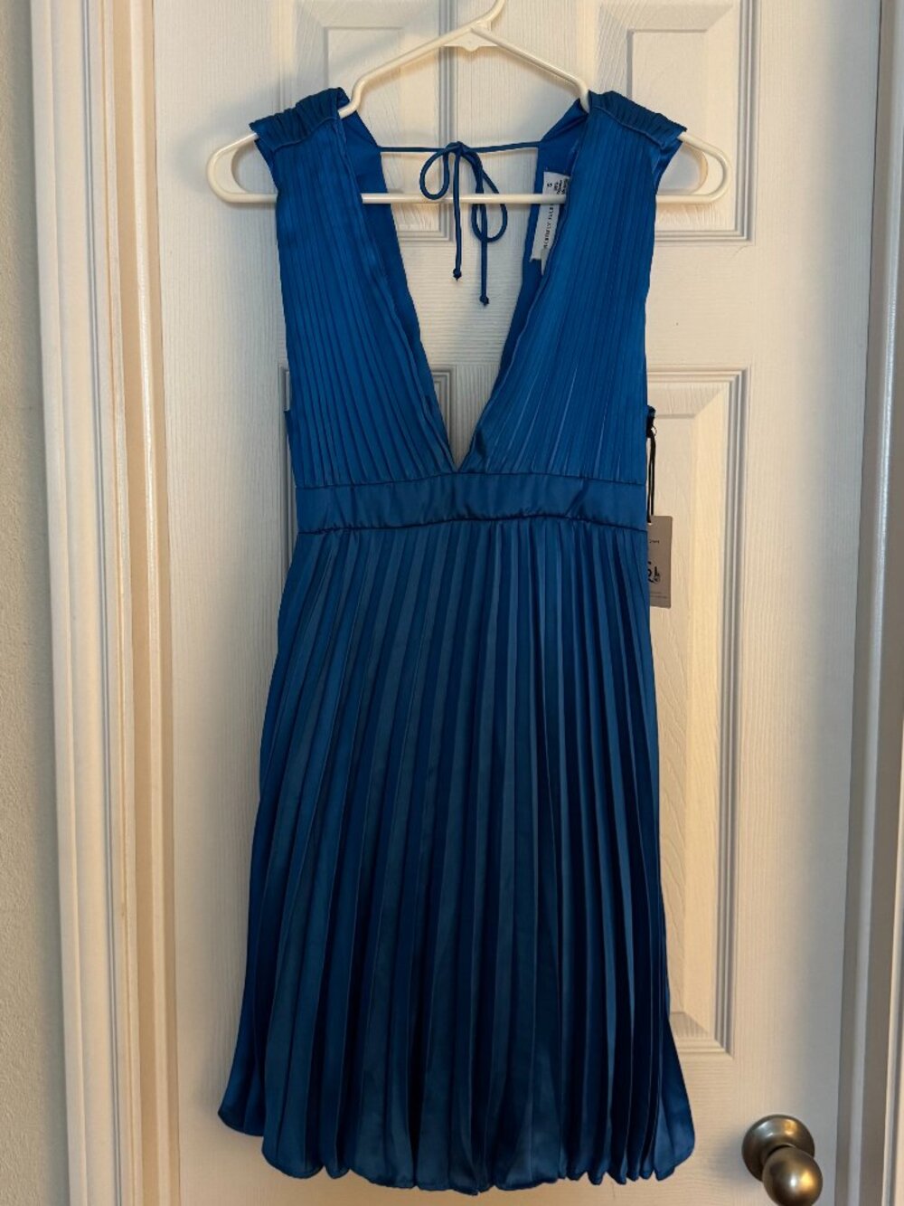 NWT Blue Satin Low Neck Pleated Mini Dress